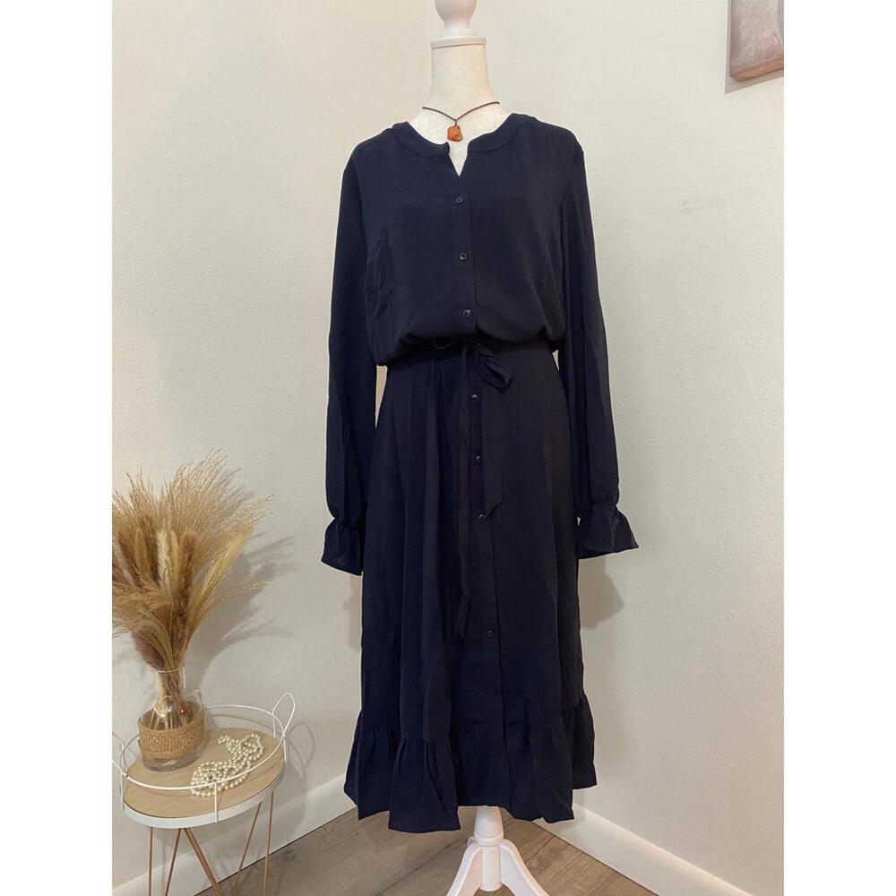 Elegant Long Sleeve Navy Button-Down Dress XL- New 0061)